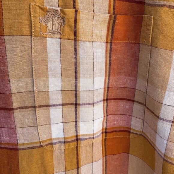 Arrow Mens Orange Plaid Linen Cotton Short Sleeve Button-Up Short Sleeve Shirt L - Picture 7 of 9